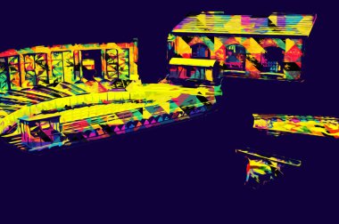 İstasyonda eski bir buhar treni, Wroclaw, Polonya, sanat ilüstrasyonu antika, model, minyatür