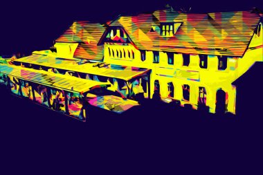 İstasyonda eski bir buhar treni, Wroclaw, Polonya, sanat ilüstrasyonu antika, model, minyatür