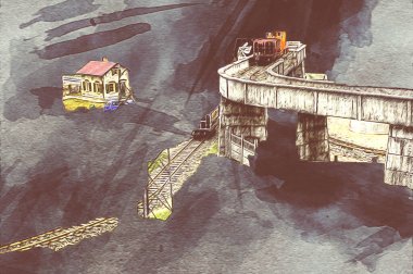 İstasyonda eski bir buhar treni, Wroclaw, Polonya, sanat ilüstrasyonu antika, model, minyatür