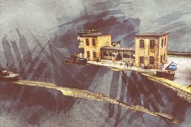 İstasyonda eski bir buhar treni, Wroclaw, Polonya, sanat ilüstrasyonu antika, model, minyatür