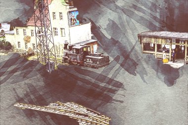 İstasyonda eski bir buhar treni, Wroclaw, Polonya, sanat ilüstrasyonu antika, model, minyatür