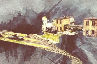 İstasyonda eski bir buhar treni, Wroclaw, Polonya, sanat ilüstrasyonu antika, model, minyatür