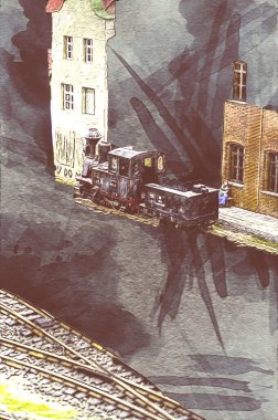 İstasyonda eski bir buhar treni, Wroclaw, Polonya, sanat ilüstrasyonu antika, model, minyatür