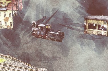 İstasyonda eski bir buhar treni, Wroclaw, Polonya, sanat ilüstrasyonu antika, model, minyatür