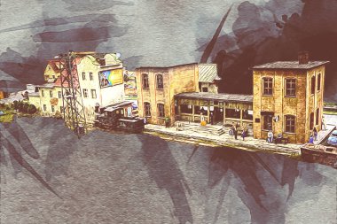 İstasyonda eski bir buhar treni, Wroclaw, Polonya, sanat ilüstrasyonu antika, model, minyatür