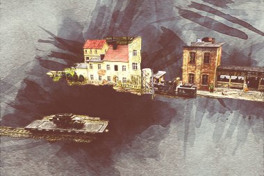 İstasyonda eski bir buhar treni, Wroclaw, Polonya, sanat ilüstrasyonu antika, model, minyatür