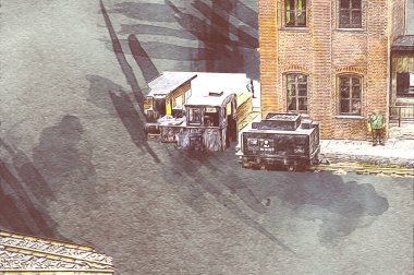 İstasyonda eski bir buhar treni, Wroclaw, Polonya, sanat ilüstrasyonu antika, model, minyatür