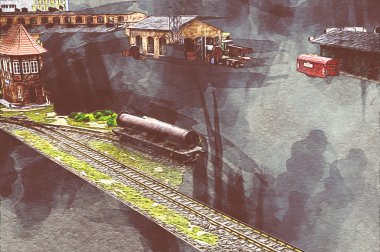 İstasyonda eski bir buhar treni, Wroclaw, Polonya, sanat ilüstrasyonu antika, model, minyatür