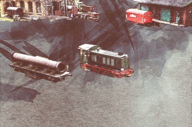 İstasyonda eski bir buhar treni, Wroclaw, Polonya, sanat ilüstrasyonu antika, model, minyatür