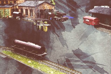 İstasyonda eski bir buhar treni, Wroclaw, Polonya, sanat ilüstrasyonu antika, model, minyatür