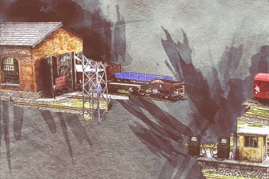 İstasyonda eski bir buhar treni, Wroclaw, Polonya, sanat ilüstrasyonu antika, model, minyatür