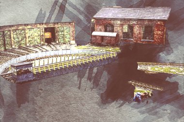 İstasyonda eski bir buhar treni, Wroclaw, Polonya, sanat ilüstrasyonu antika, model, minyatür