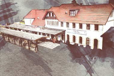 İstasyonda eski bir buhar treni, Wroclaw, Polonya, sanat ilüstrasyonu antika, model, minyatür