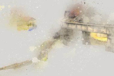 İstasyonda eski bir buhar treni, Wroclaw, Polonya, sanat ilüstrasyonu antika, model, minyatür