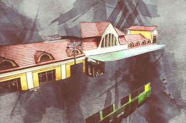 İstasyonda eski bir buhar treni, Wroclaw, Polonya, sanat ilüstrasyonu antika, model, minyatür