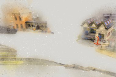 İstasyonda eski bir buhar treni, Wroclaw, Polonya, sanat ilüstrasyonu antika, model, minyatür