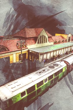 İstasyonda eski bir buhar treni, Wroclaw, Polonya, sanat ilüstrasyonu antika, model, minyatür