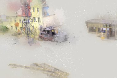 İstasyonda eski bir buhar treni, Wroclaw, Polonya, sanat ilüstrasyonu antika, model, minyatür