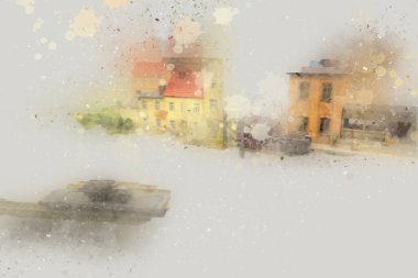 İstasyonda eski bir buhar treni, Wroclaw, Polonya, sanat ilüstrasyonu antika, model, minyatür