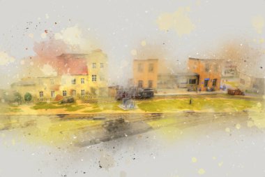 İstasyonda eski bir buhar treni, Wroclaw, Polonya, sanat ilüstrasyonu antika, model, minyatür