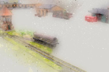 İstasyonda eski bir buhar treni, Wroclaw, Polonya, sanat ilüstrasyonu antika, model, minyatür