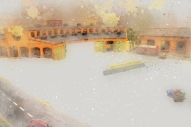 İstasyonda eski bir buhar treni, Wroclaw, Polonya, sanat ilüstrasyonu antika, model, minyatür