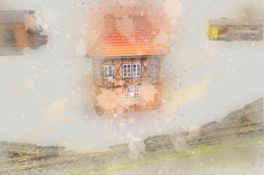 İstasyonda eski bir buhar treni, Wroclaw, Polonya, sanat ilüstrasyonu antika, model, minyatür