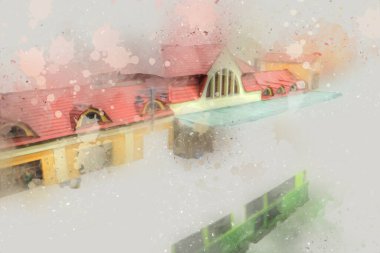 İstasyonda eski bir buhar treni, Wroclaw, Polonya, sanat ilüstrasyonu antika, model, minyatür