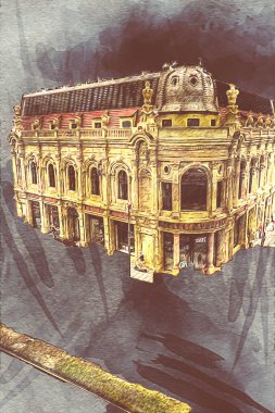 Minyatür şehir. Evler, arabalar, ağaçlar, Wroclaw, Polonya, sanat ilüstrasyonu antika, model