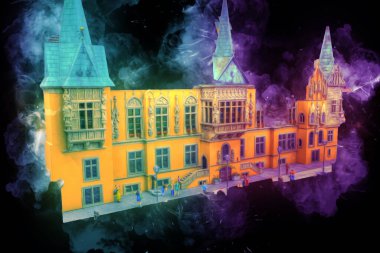 Wroclaw, Polonya 'daki belediye binası, sanat ilüstrasyonu antika, model, minyatür