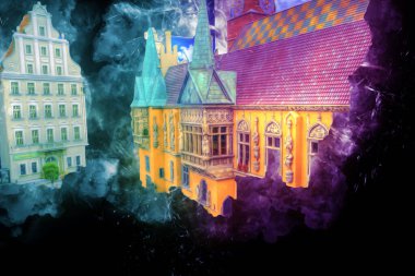 Wroclaw, Polonya 'daki belediye binası, sanat ilüstrasyonu antika, model, minyatür