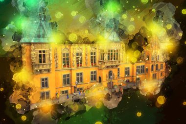 Wroclaw, Polonya 'daki belediye binası, sanat ilüstrasyonu antika, model, minyatür