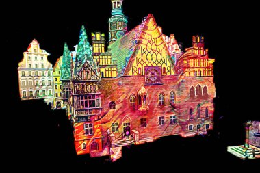 Wroclaw, Polonya 'daki belediye binası, sanat ilüstrasyonu antika, model, minyatür