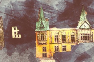 Wroclaw, Polonya 'daki belediye binası, sanat ilüstrasyonu antika, model, minyatür