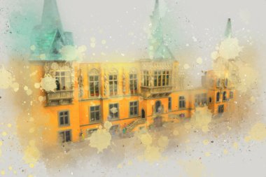 Wroclaw, Polonya 'daki belediye binası, sanat ilüstrasyonu antika, model, minyatür