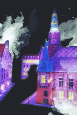 Wroclaw, Polonya 'da gece vakti sanat ilüstrasyonu antika, model, minyatür