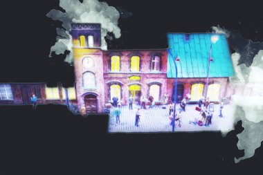 Geceleri, Wroclaw, Polonya 'daki eski moda buhar treni antika, model, minyatür sanat ilüstrasyonu