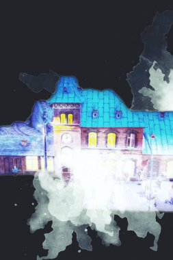 Geceleri, Wroclaw, Polonya 'daki eski moda buhar treni antika, model, minyatür sanat ilüstrasyonu