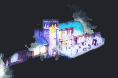 Geceleri, Wroclaw, Polonya 'daki eski moda buhar treni antika, model, minyatür sanat ilüstrasyonu