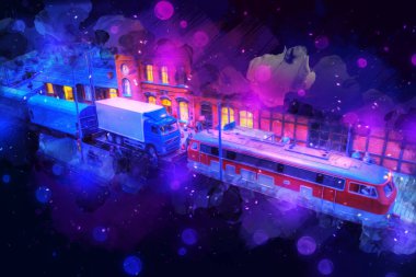 Geceleri, Wroclaw, Polonya 'daki eski moda buhar treni antika, model, minyatür sanat ilüstrasyonu