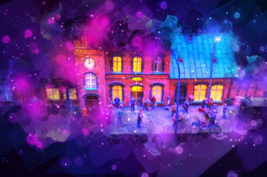 Geceleri, Wroclaw, Polonya 'daki eski moda buhar treni antika, model, minyatür sanat ilüstrasyonu