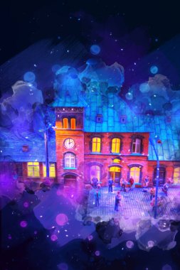 Geceleri, Wroclaw, Polonya 'daki eski moda buhar treni antika, model, minyatür sanat ilüstrasyonu