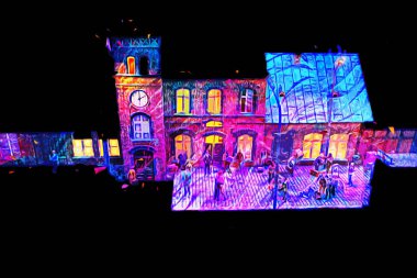 Geceleri, Wroclaw, Polonya 'daki eski moda buhar treni antika, model, minyatür sanat ilüstrasyonu