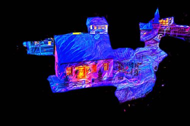 Geceleri, Wroclaw, Polonya 'daki eski moda buhar treni antika, model, minyatür sanat ilüstrasyonu