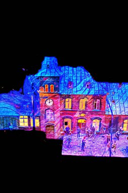 Geceleri, Wroclaw, Polonya 'daki eski moda buhar treni antika, model, minyatür sanat ilüstrasyonu