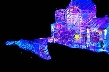 Geceleri, Wroclaw, Polonya 'daki eski moda buhar treni antika, model, minyatür sanat ilüstrasyonu