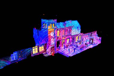 Geceleri, Wroclaw, Polonya 'daki eski moda buhar treni antika, model, minyatür sanat ilüstrasyonu