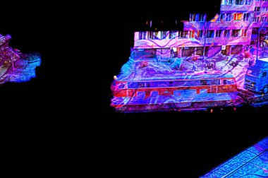 Geceleri, Wroclaw, Polonya 'daki eski moda buhar treni antika, model, minyatür sanat ilüstrasyonu