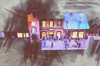 Geceleri, Wroclaw, Polonya 'daki eski moda buhar treni antika, model, minyatür sanat ilüstrasyonu