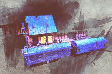 Geceleri, Wroclaw, Polonya 'daki eski moda buhar treni antika, model, minyatür sanat ilüstrasyonu